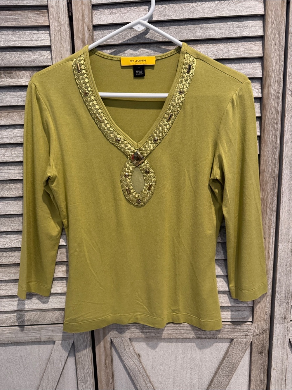 St. John Olive Green 3/4 Sleeves V‑Neck Top with Beaded Trim